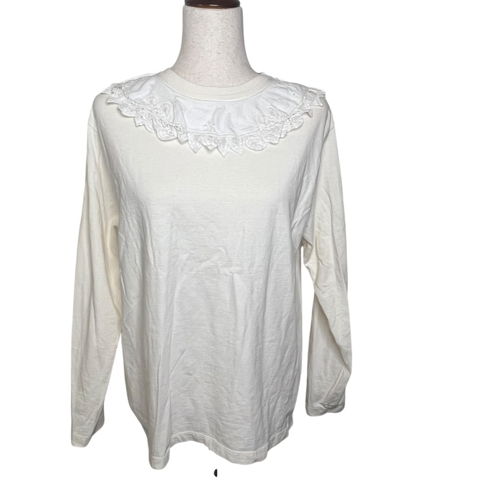 Vtg 80s‎ 90s Long Sleeve Top Off-White Cotton Lace Collar Prairie Cottage Sz Med